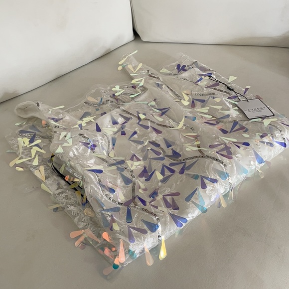 NWT LAUNDRY Shelli Segal white spangle shimmer dress shift mesh square 8 10 12 - Picture 9 of 16